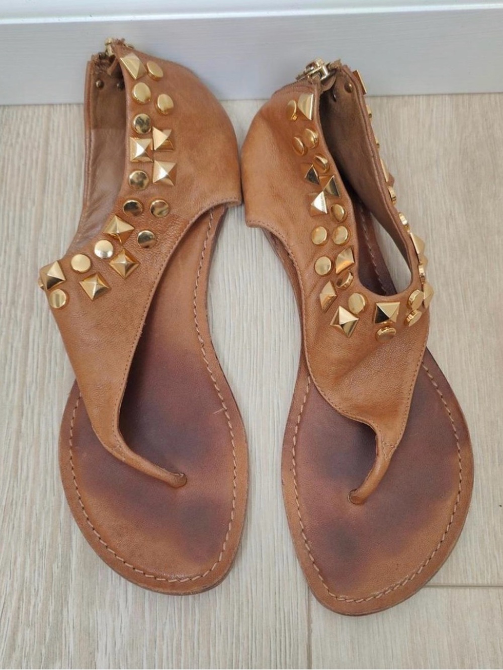 Tory Burch Tan Leather Studded Thong Sandals